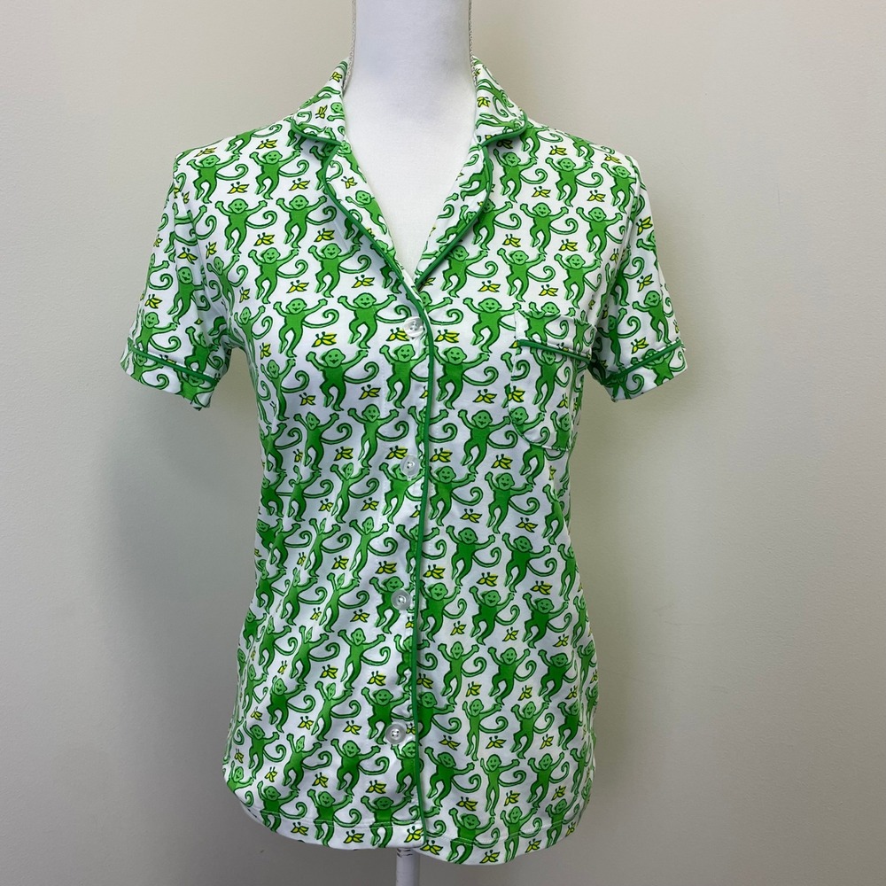 Roller Rabbit Monkey Print Pajama Top Green Pima Cotton Short Sleeve Small